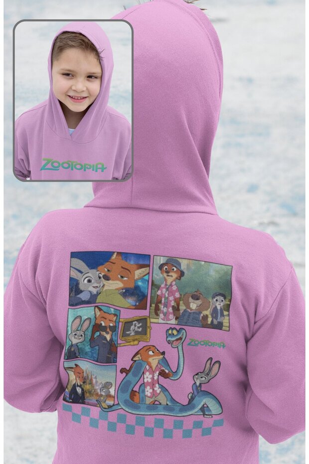 Illustrated Characters Back Printed Hooded Children's Sweatshirt, Unisex Zootopia Themed Hoodie