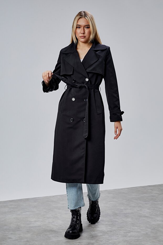 Black Regular Fit Windbreaker Detailed Trench Coat 46636