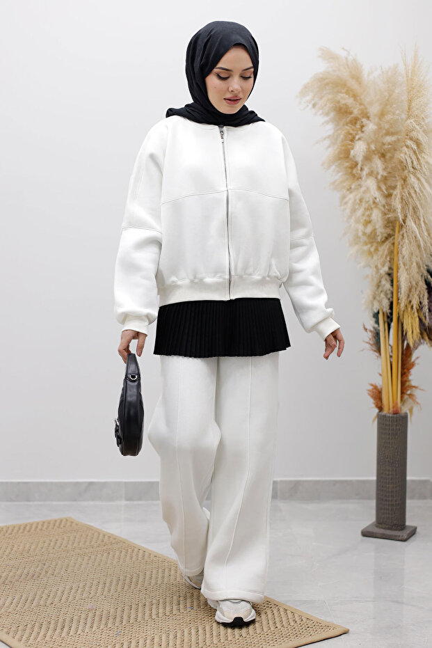 Zippered Fleece-Lined Tracksuit Set Tsd250258 White