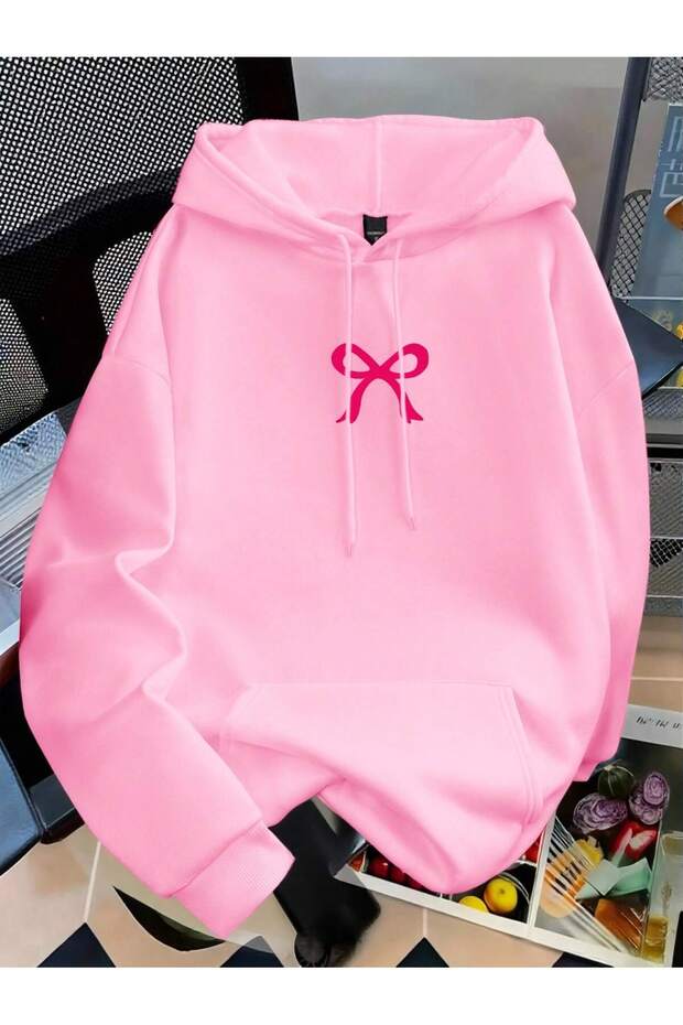 Ribbon Printed Hooded Oversized Sweatshirt