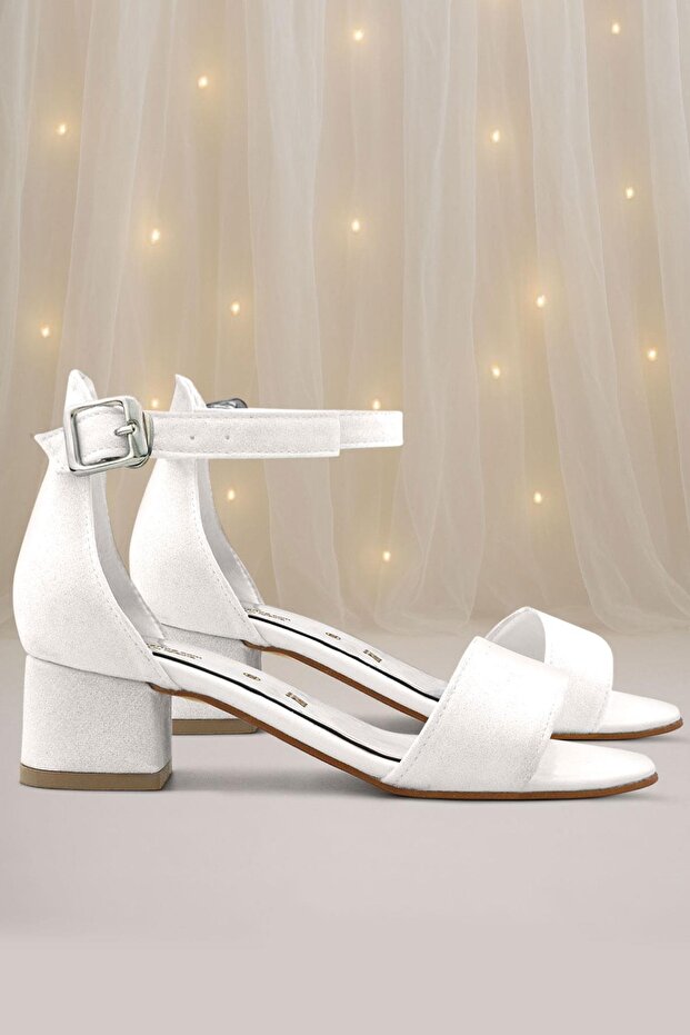 Lilo Glittery White Single Strap Girls' Heeled Evening Dress Shoes