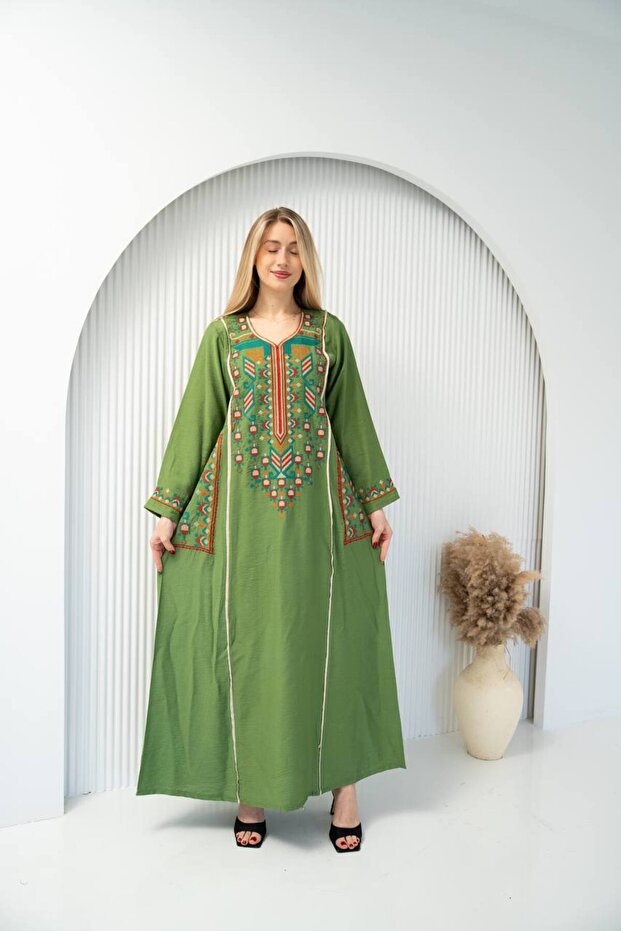 جلابية كتان مطرزة بنقوش تراثية فاخرة SM - 3