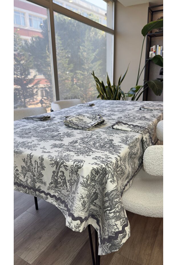 طقم مفرش طاولة منقوش باللون الرمادي - 1