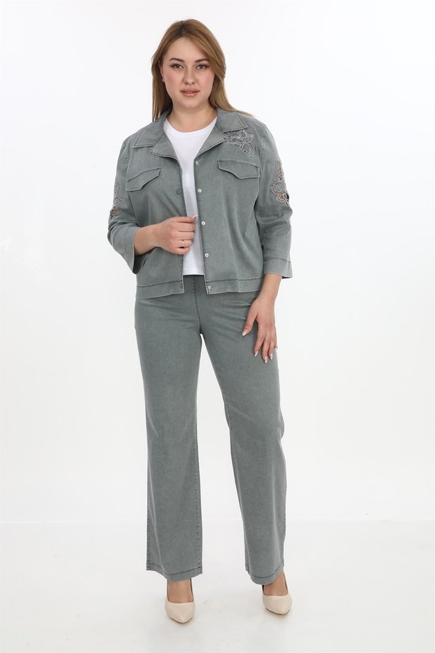Women's khaki summer floral embroidered rhinestone elastic waist snap button 3-piece set