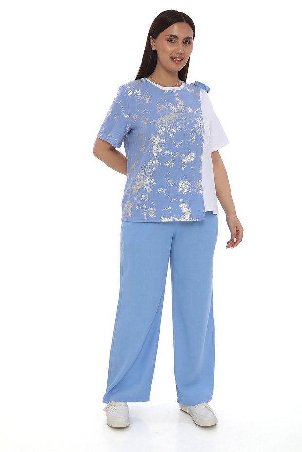 Women's Blue Summer Elastic Waist Accessorized Printed Pipe Long Pants 2-Piece Tracksuit Set
