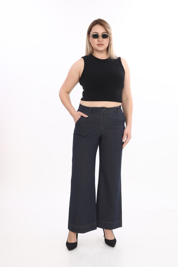 Women's Navy Blue Seasonal Special Denim Fabric Loose-Fit Trousers