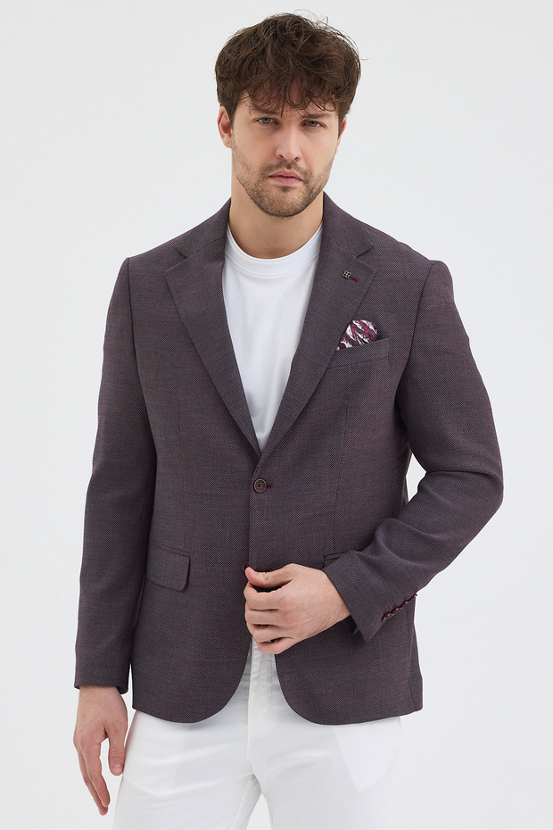 Lunos Men's Burgundy Polyviscon Fabric Slim Fit Self-Wiping Mono Collar Sports Blazer Jacket