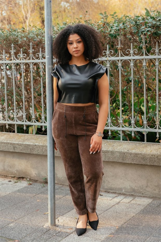 Women's Mink Winter Thick Corded Fabric Velvet Trousers with Stone Leg Zipper and Special Accessories