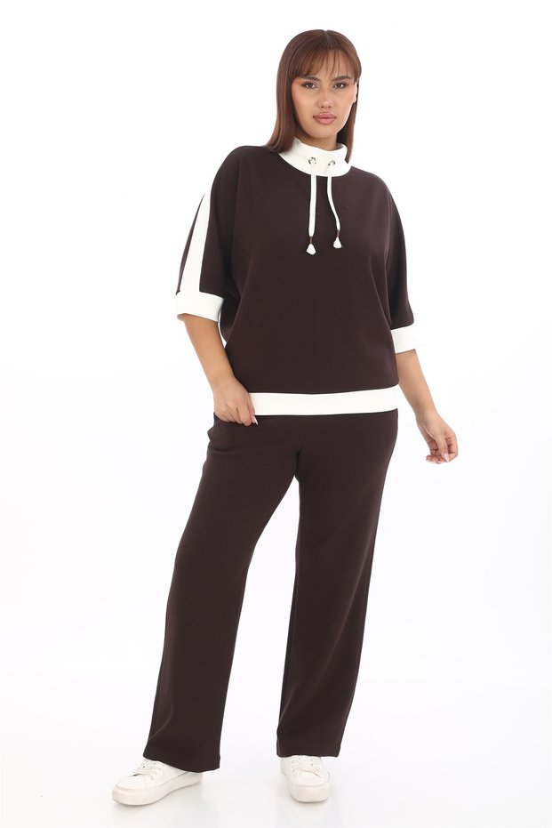 Women's Brown Seasonal Paneled Lace-Up Elastic Waist 2-Piece Tracksuit Set