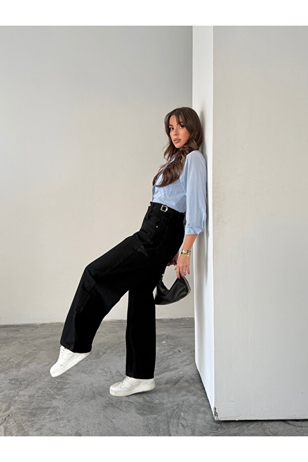 Side Belt Black Baggy Jeans with Buckle Cargo Pocket Detail