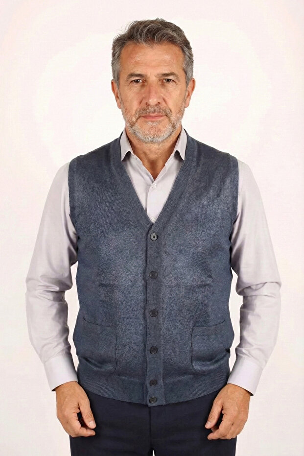 Men's Dad Indigo Classic Cut V-Neck Front Buttoned Double Pocket m Transitional Knitwear Vest