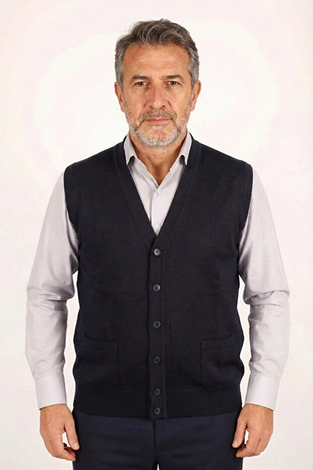 Men's Father Navy Blue Classic Cut V-Neck Front Buttoned Double Pocket Transitional Knitwear Vest
