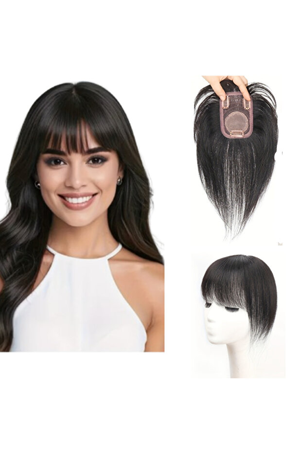 Human Hair Women'S Invisible Hairpiece - Straight, Breathable, Lightweight Top-Up Wig with Bangs