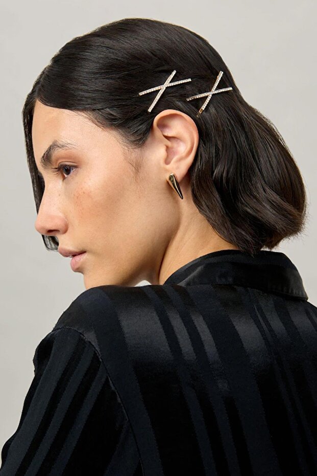 Shiny Stone X Detailed Gold Color Wire Buckle 2 Pieces
