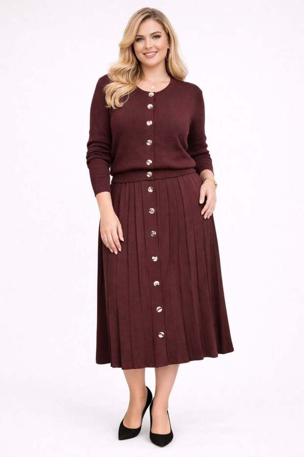 Plus Size Buttoned Front Double Knitwear Set with Pleated Skirt Purple