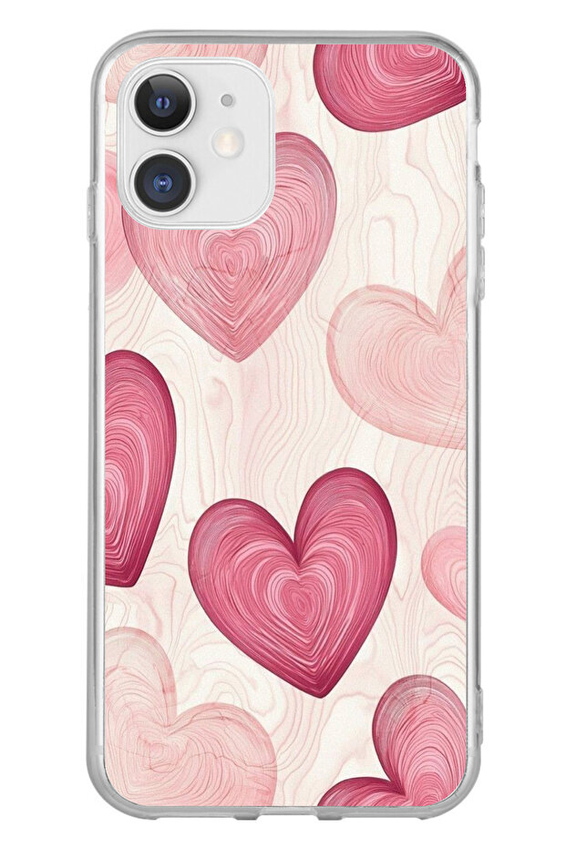 iPhone 11 Compatible Linear Pink Heart Printed Silicone Case - 1