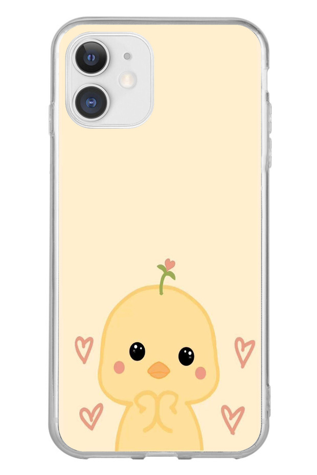 حافظة سيليكون مطبوع متوافقة مع هاتف iPhone 11 بنمط كتكوت لطيف وقلب - 1