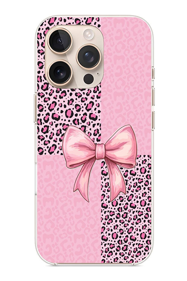 iPhone 16 Pro Max Compatible Pink Leopard Pattern and Ribbon Printed Silicone Case - 1