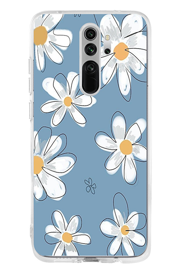 حافظة سيليكون متوافقة مع هاتف Redmi Note 8 Pro باللون الأزرق ديزي جاردن مطبوع - 1