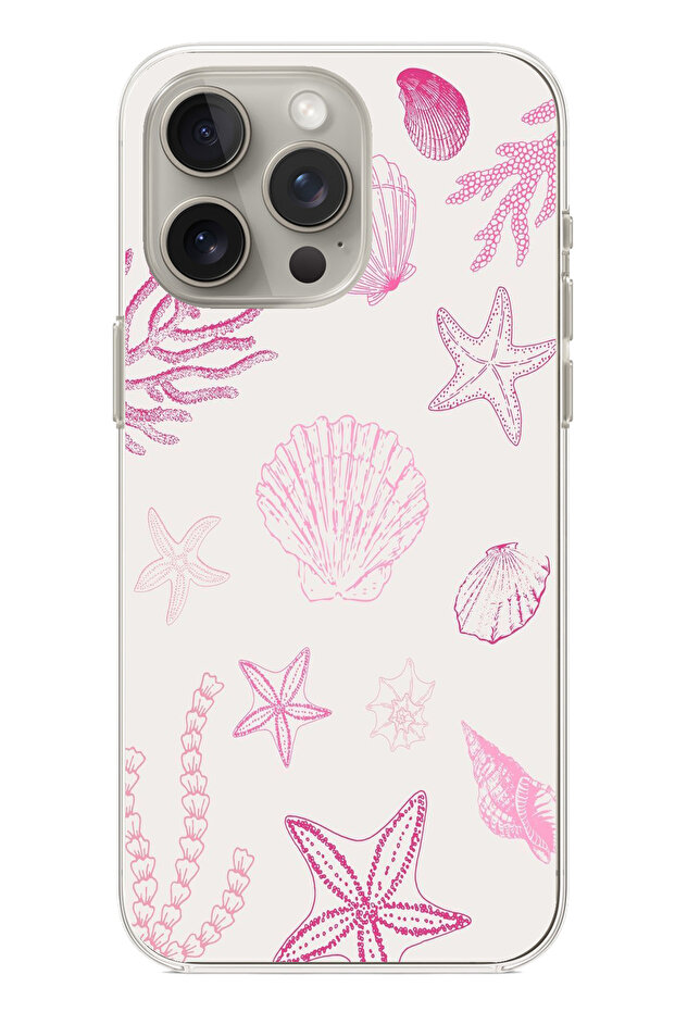 حافظة سيليكون متوافقة مع هاتف iPhone 15 PRO MAX باللون الوردي وStarfish and Shell مطبوع - 1