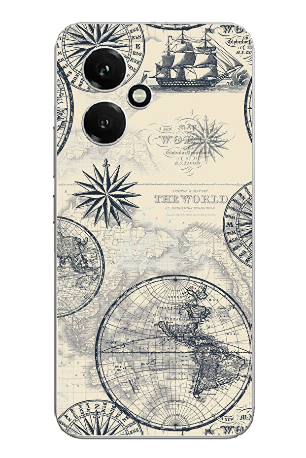 حافظة سيليكون متوافقة مع Honor 400 وقديمة الطراز تحتوي على خريطة العالم والبوصلة مطبوع - 1