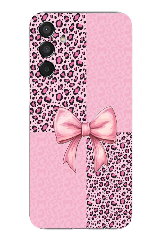 Samsung Galaxy M15 Compatible Pink Leopard Pattern and Ribbon Printed Silicone Case