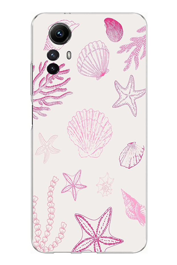 Redmi Note 12S Compatible Pink Starfish and Shell Printed Silicone Case - 1