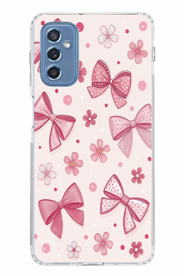 Samsung Galaxy M52 Compatible Pink Bow, Flower and Polka Dot Printed Silicone Case