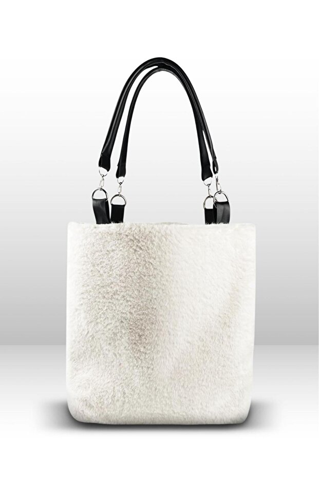 Furry Soft Touch Plush & Leather Women's White Hand and Shoulder Bag - Leather Handle