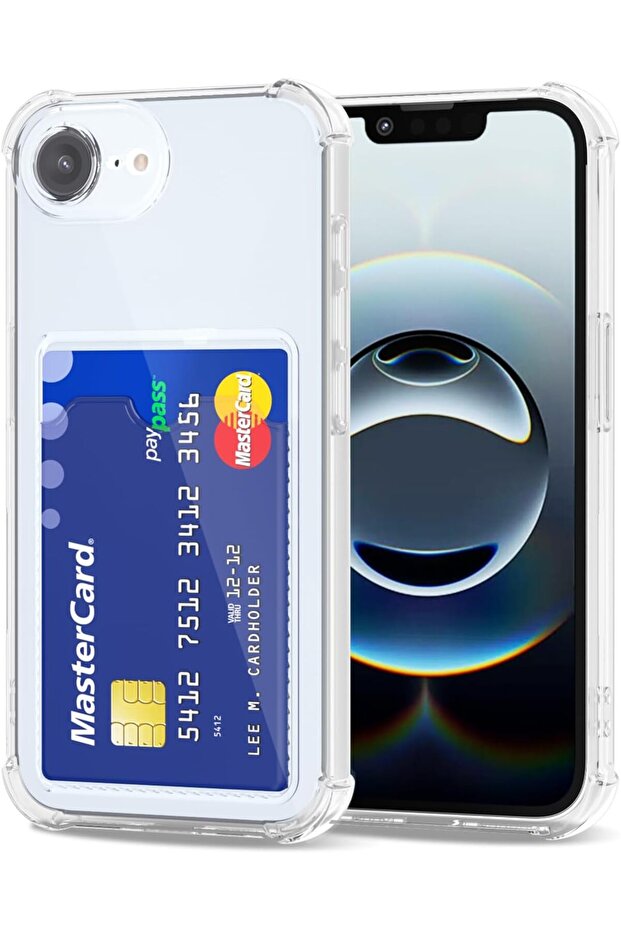 iPhone 16E Corner Protection Card Holder Wallet Anti-Shock Transparent Silicone Phone Case with Back Compartment