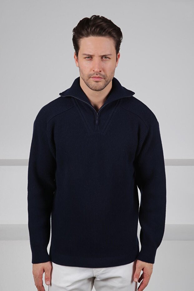 Navy Blue Turtleneck Zippered Corded Fabric Long Sleeve 100% Lamb Wool Men's Knitwear Sweater