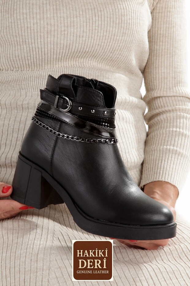 Black Genuine Leather Thick Heeled Casual Women's Boots Uldef