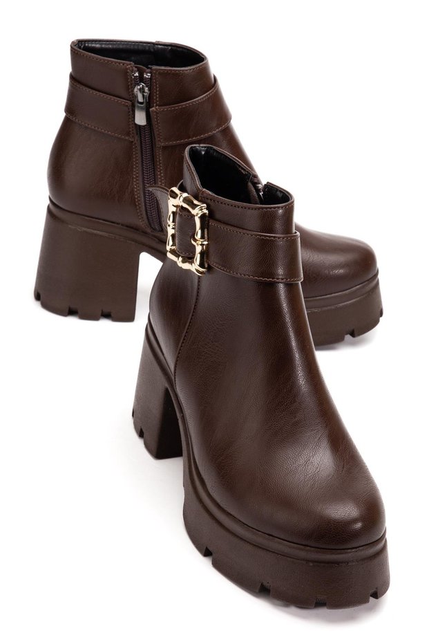 Brown Women's Platform Heeled Boots with Buckle Faux Leather