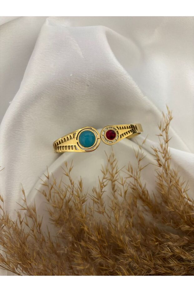 Vintage Colorful Stone Detailed Steel Handcuff Bracelet