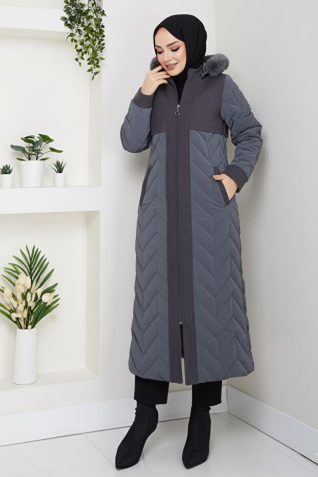 Women's Lined Cashmere Detailed Full Length Nova Quilted Coat
