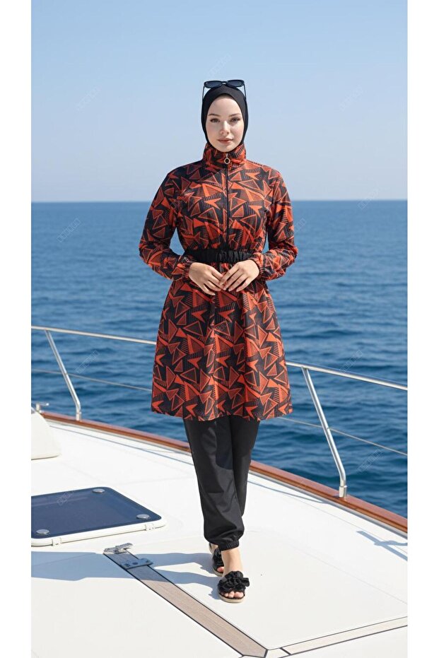 Burkini Zippered Geometric Patterned Hijab Swimsuit Set of 4 with Bonnet and Bag