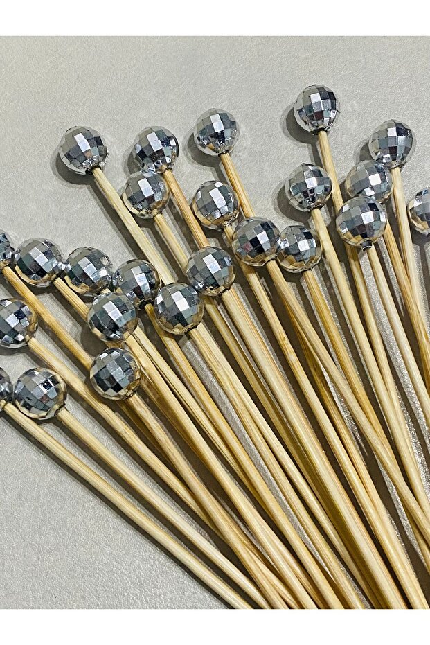 No:105 - 25Pcs 15cm Cocktail Long Toothpicks and Stirrers - Silver Color with Disco Ball Beads 1.2cm