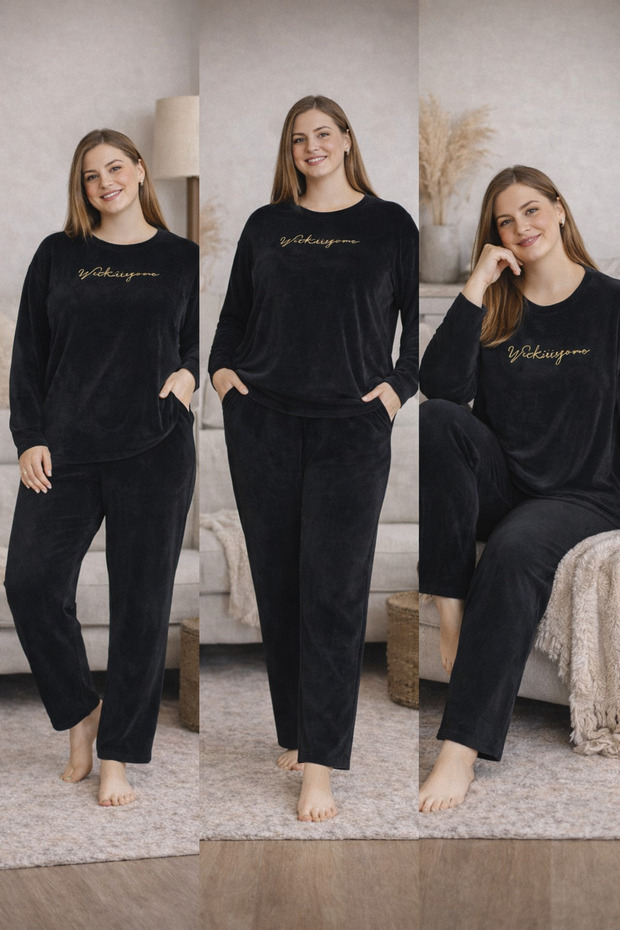 Women's Long Sleeve Plus Size Crew Neck Solid Color Velvet Pajama Set