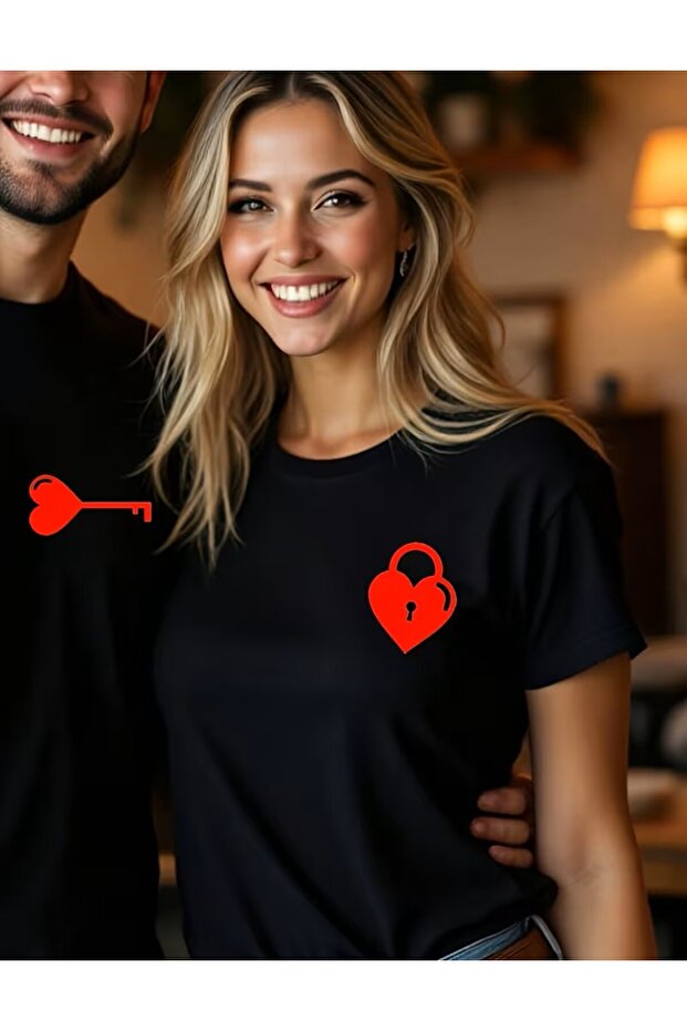 Valentine's Day for Couples Love Heart Key and Lock B Printed Duo T-Shirt