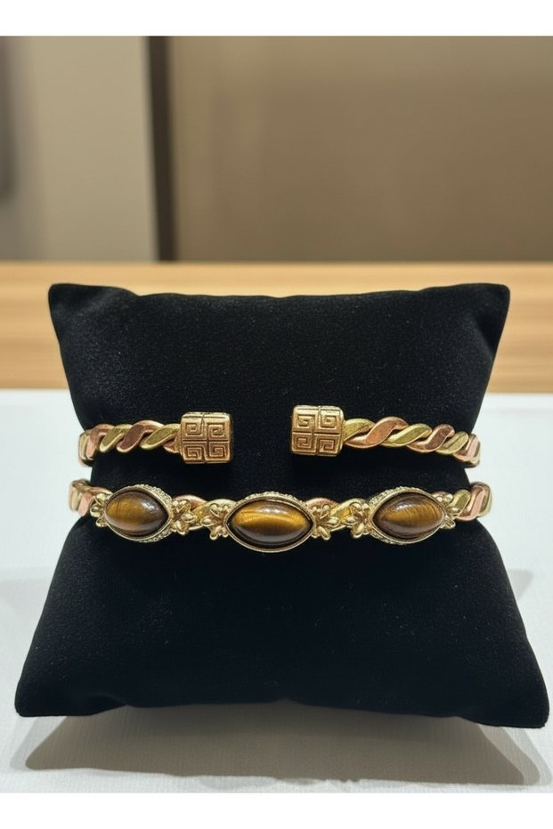 Pure Copper Natural Stone Turquoise & Tiger Eye Combination Bracelet Set of Two