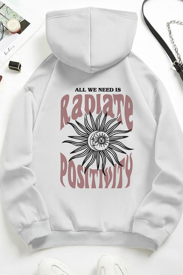 Unisex 3 Thread K Hooded Kangaroo Pocket Sun Moon B Printed O Oversized Street Sweatshirt