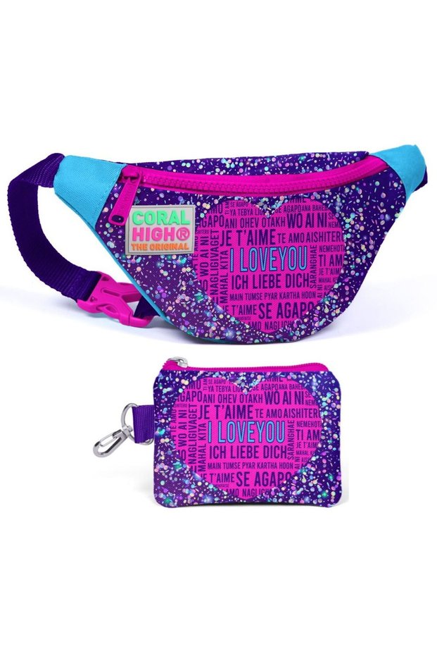 Purple Blue Heart Waist Bag and Coin Purse Set - Girls