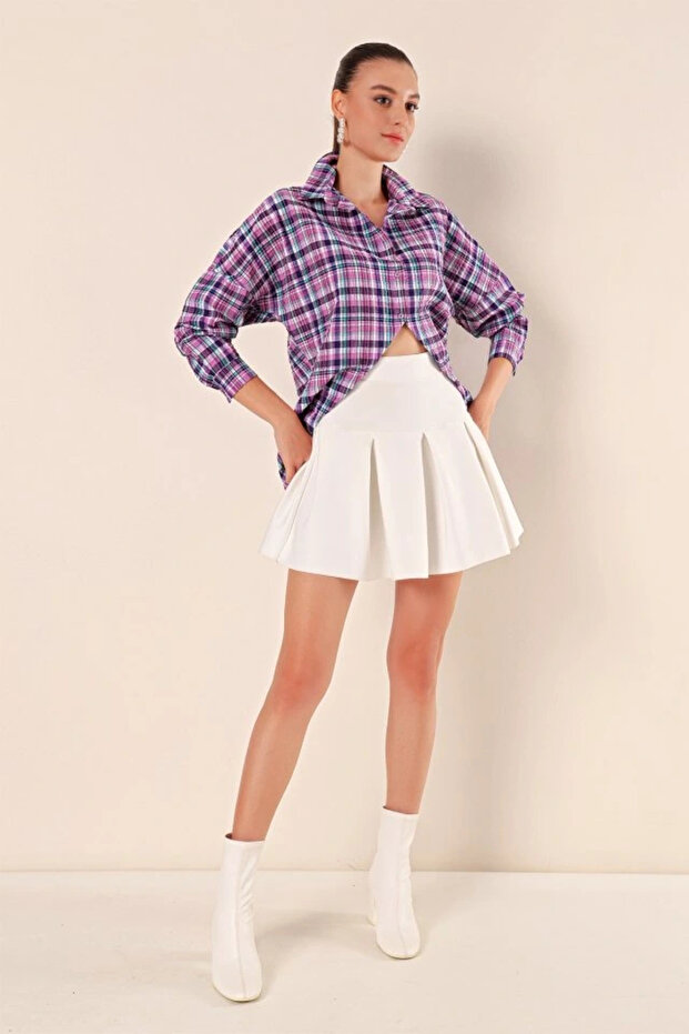 Purple White Checkered Patterned Oversized Long Basic Shirt 3900 - 2