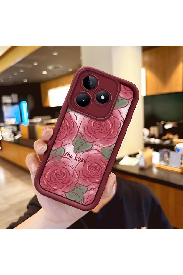 Realme Note 50 4g Compatible Rose Butterfly Patterned Burgundy Silicone Shockproof Case