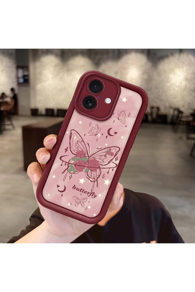 iPhone 16 Compatible Rose Butterfly Patterned Burgundy Silicone Shockproof Case