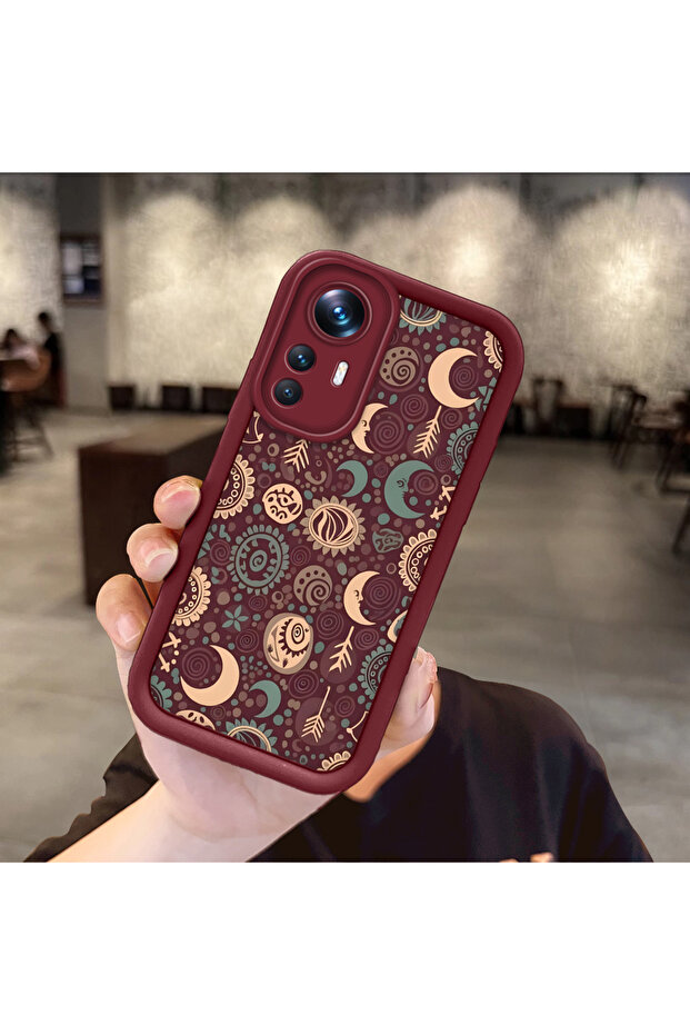 Xiaomi Mi 12t Compatible Maroon Silicone Case-Vintage Patterned Shockproof