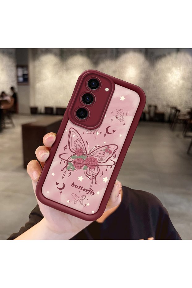 Samsung Galaxy S23 Compatible Rose Butterfly Patterned Burgundy Silicone Shockproof Case