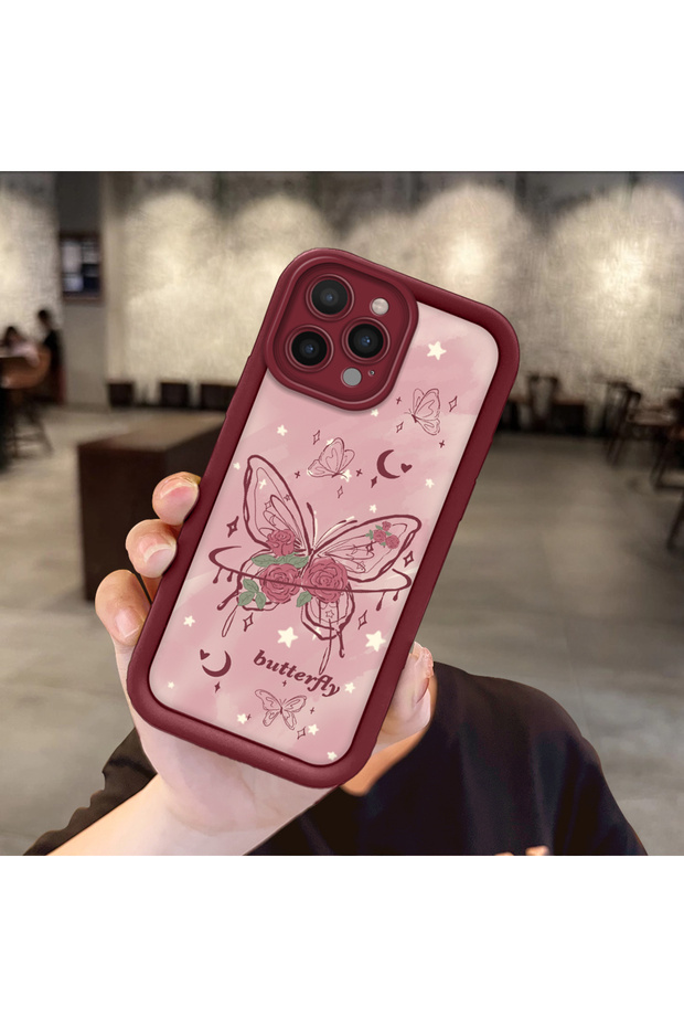 iPhone 15 Pro Compatible Rose Butterfly Patterned Burgundy Silicone Shockproof Case