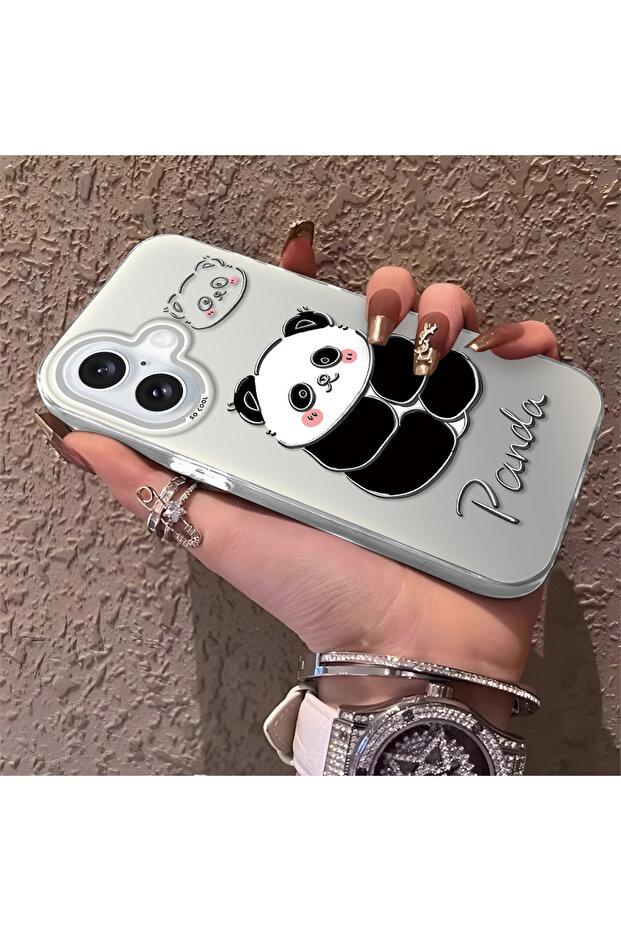 غطاء سيليكون متوافق مع آيفون 16 بنمط الباندا اللطيف، حافظة مقاومة للصدمات - 2