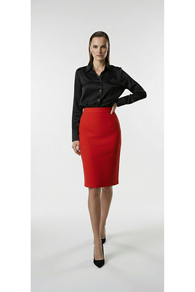 Red Women's Knee-Length Pencil Skirt